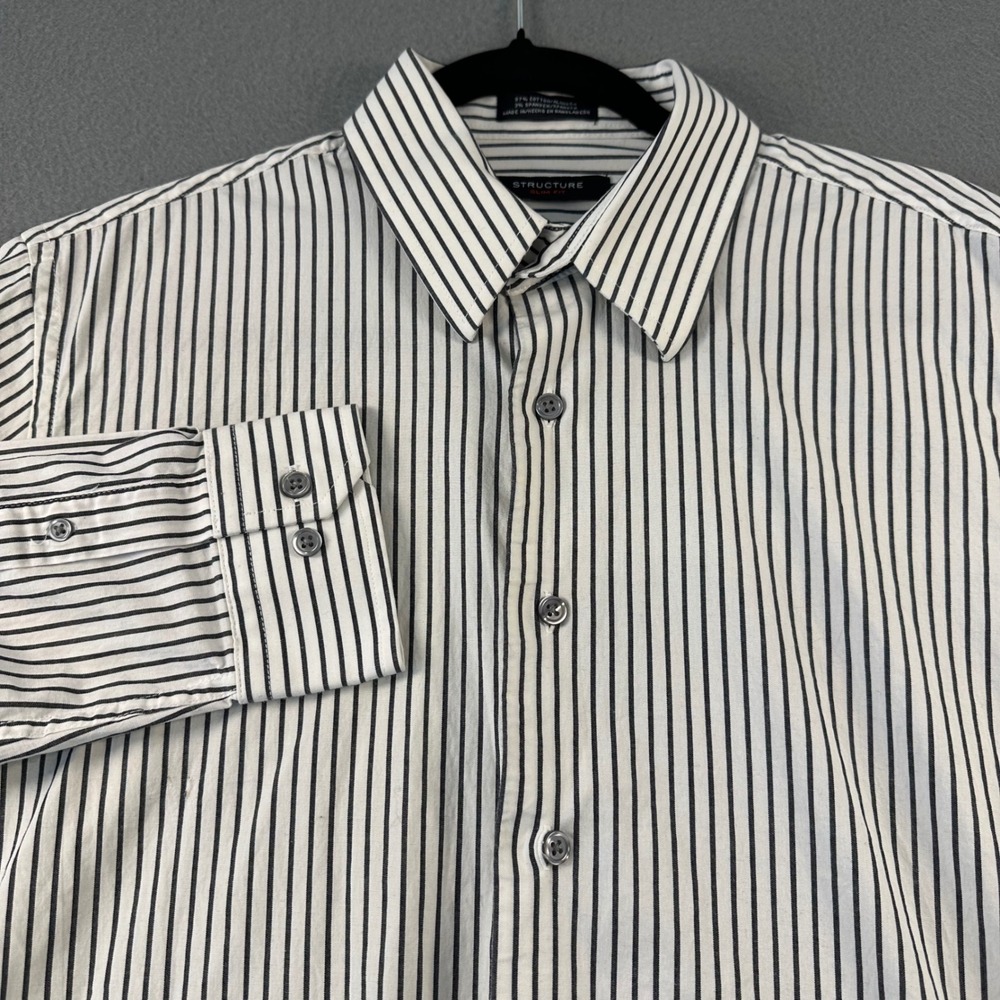Structure Mens Slim Fit Button Down Shirt White Black Pinstripe M 15-15.5 34/35
